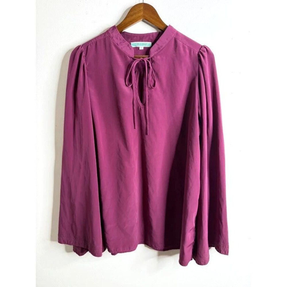 Pleione Magenta Tie Neck Keyhole Blouse Long Sleeve Peasant Top Purple XL